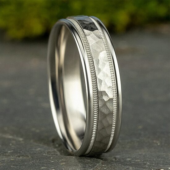  Mens 10K White Gold 6mm Hammered Band