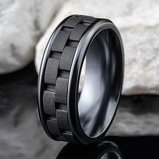  Mens Comfort Fit 8mm Black Titanium Link Inlay Wedding Band