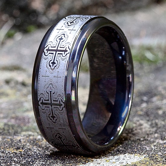  Mens Comfort Fit 9mm Black Titanium Cross Wedding Band