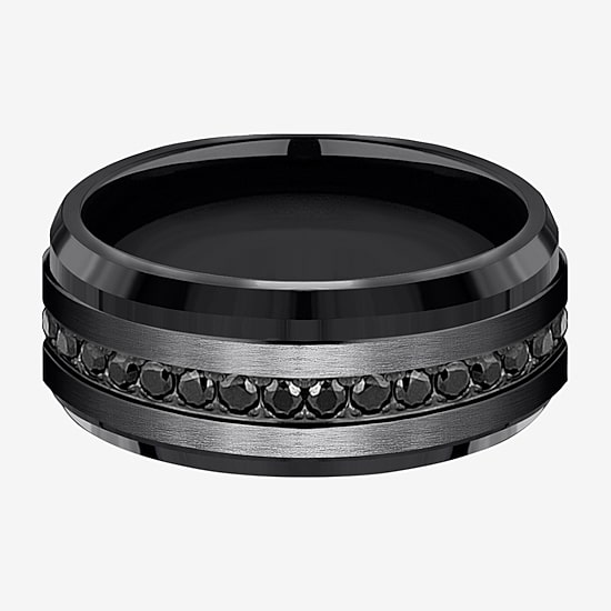  Mens Comfort Fit 9mm Black Titanium and Cubic Zirconia Wedding Band