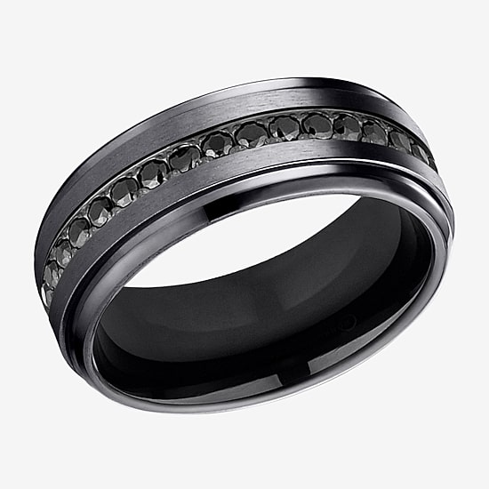  Mens Comfort Fit 9mm Black Titanium and Cubic Zirconia Wedding Band