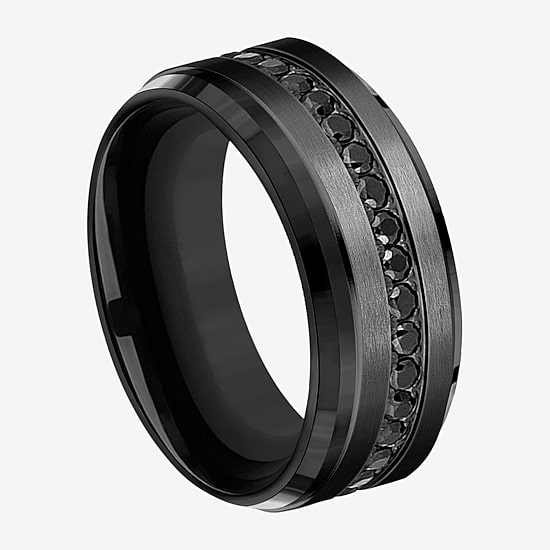  Mens Comfort Fit 9mm Black Titanium and Cubic Zirconia Wedding Band