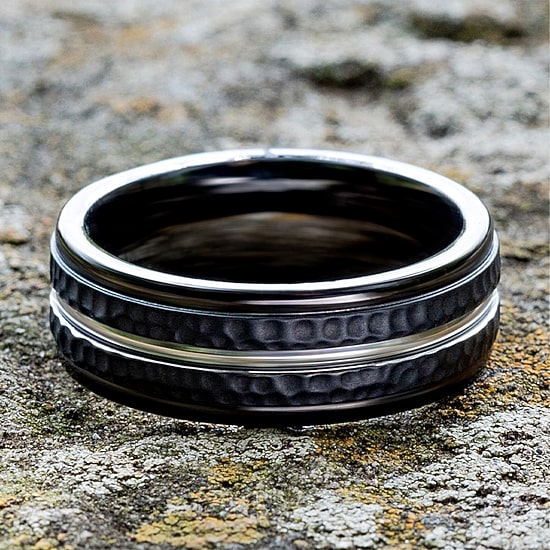  Mens Black Cobalt Hammered Center 8mm Wedding Band
