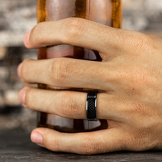  Mens Black Titanium Carbon Fiber Inlay 8mm Wedding Band