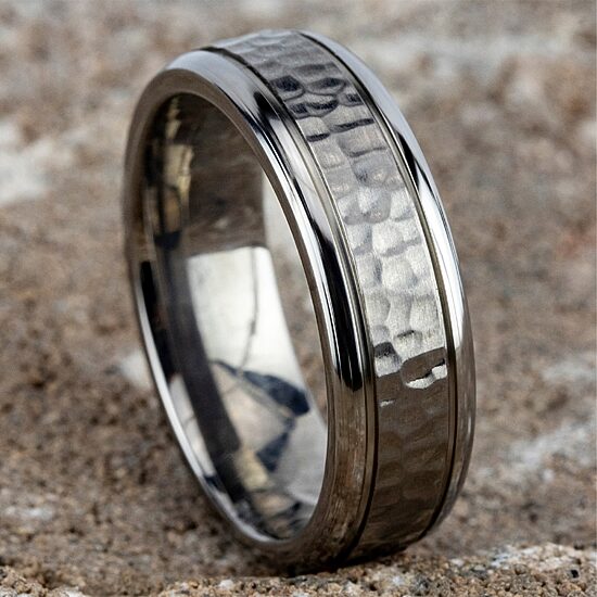  Mens Titanium Hammered Center 7mm Wedding Band
