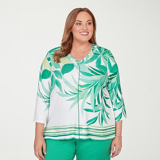 Alfred Dunner Resort Living Womens V Neck 3/4 Sleeve T-Shirt