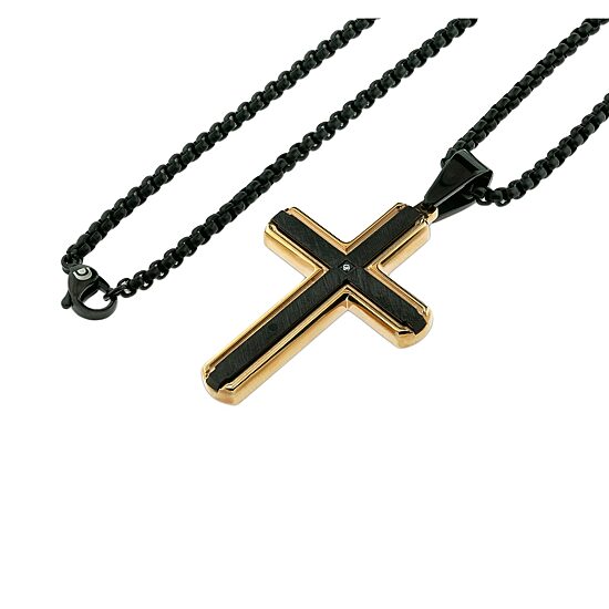 Mens White Diamond Stainless Steel Cross 24 Inch Pendant Necklace