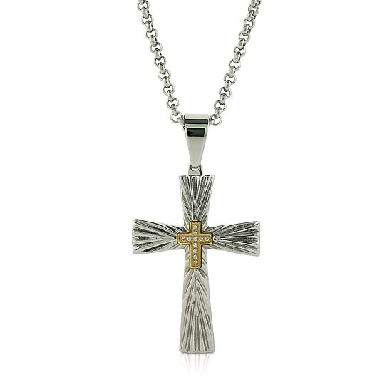 Mens White Diamond Stainless Steel Cross 24 Inch Pendant Necklace