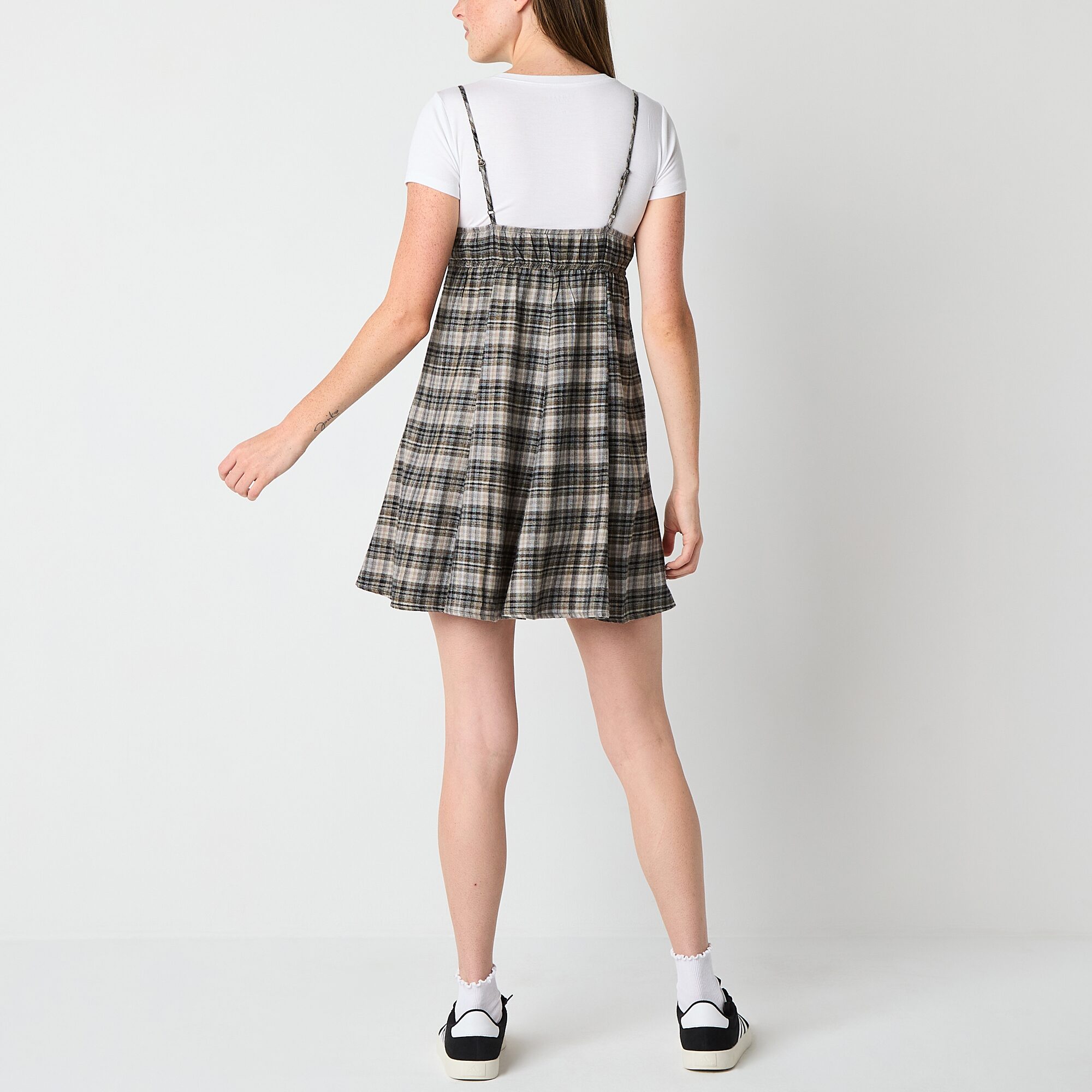 Arizona 2fer Womens Juniors Short Sleeve Plaid Shirt Dress
