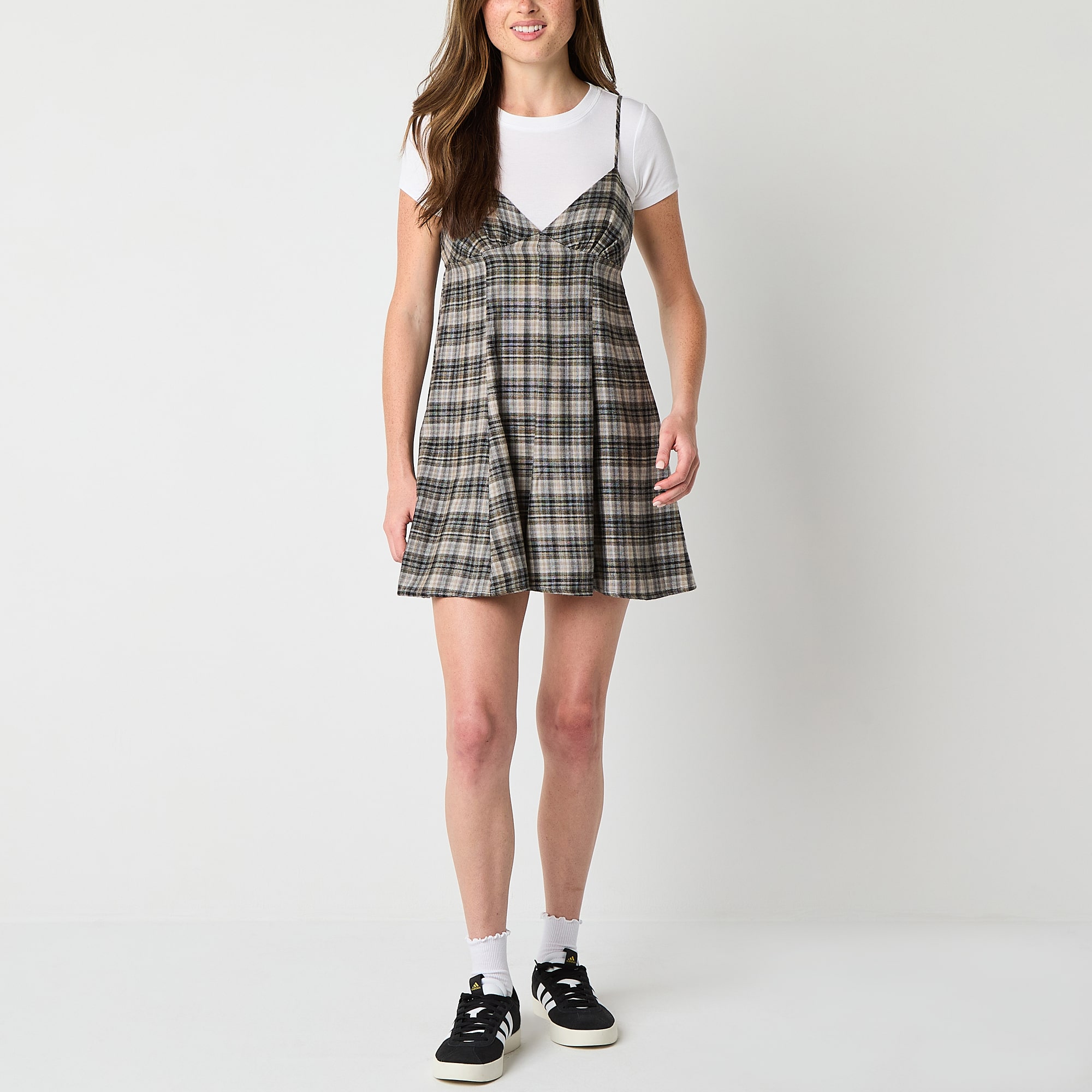 Arizona 2fer Womens Juniors Short Sleeve Plaid Shirt Dress