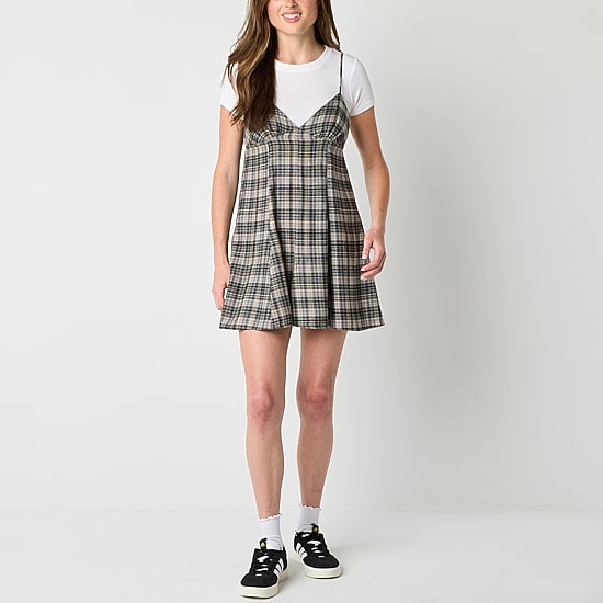 Arizona 2fer Womens Juniors Short Sleeve Plaid Shirt Dress