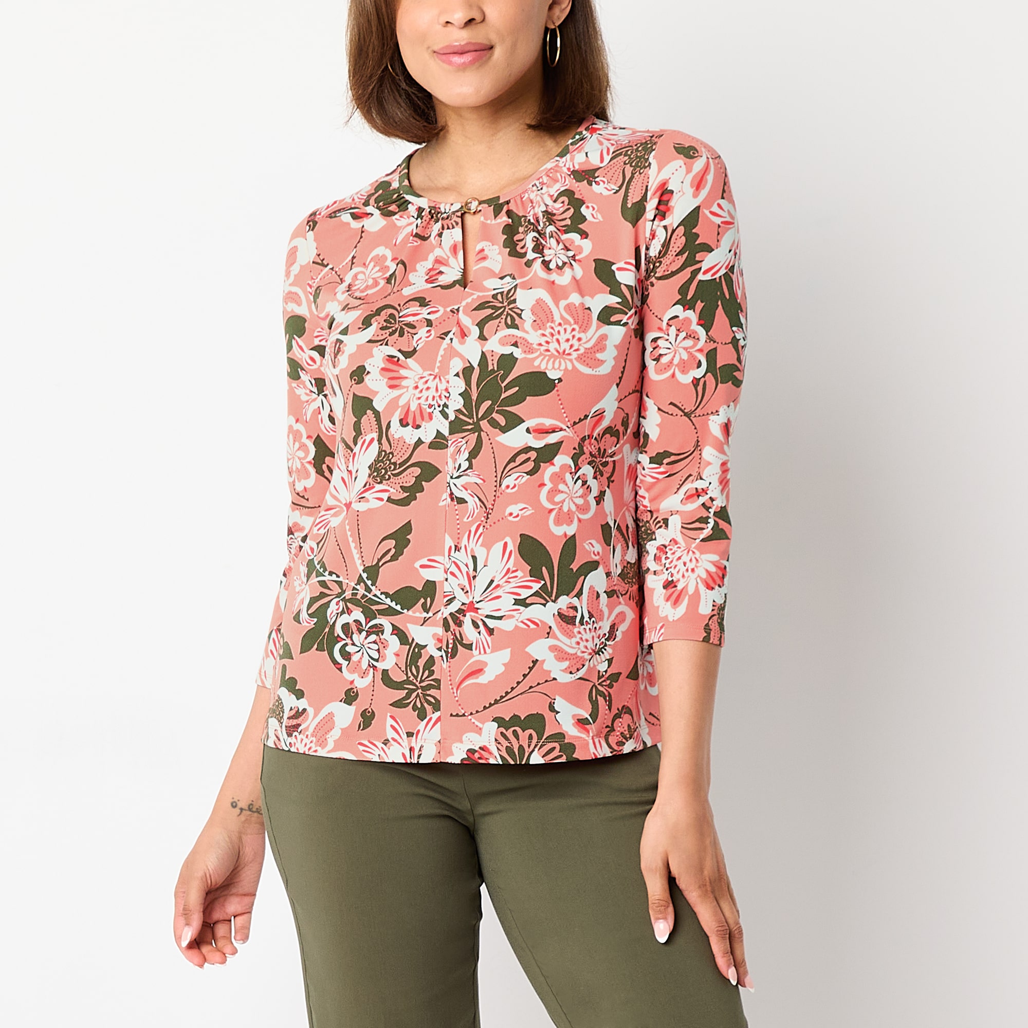 Liz Claiborne Womens Keyhole Neck 3/4 Sleeve Blouse