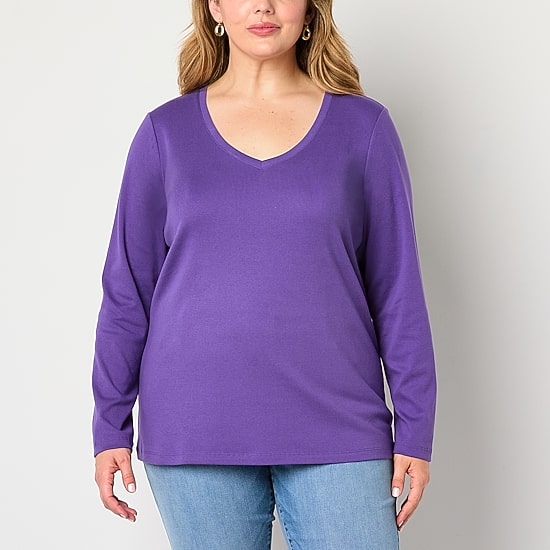 St. John's Bay Womens Plus V Neck Long Sleeve T-Shirt