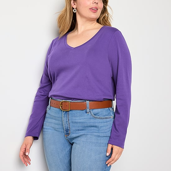 St. John's Bay Womens Plus V Neck Long Sleeve T-Shirt