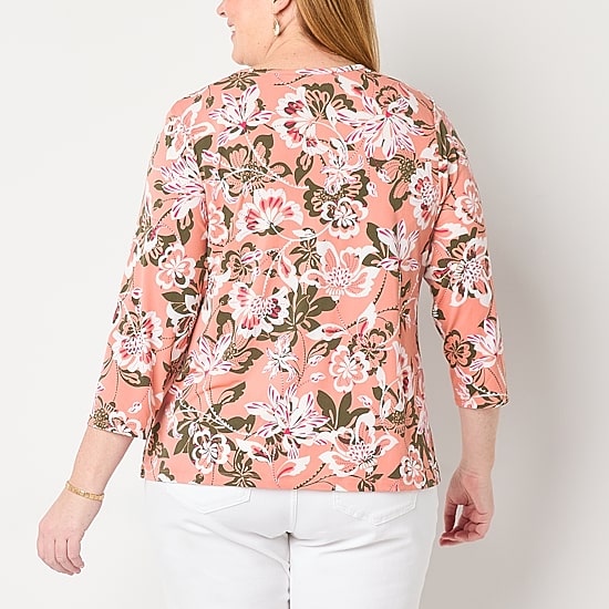 Liz Claiborne Womens Plus Keyhole Neck 3/4 Sleeve Blouse