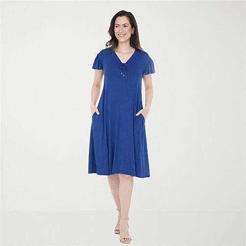 White Mark Flutter Womens V Neck Short Sleeve Shift Dress In Blue
