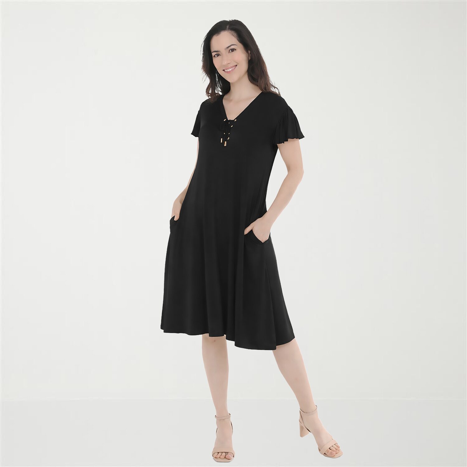 White Mark Flutter Womens V Neck Short Sleeve Shift Dress