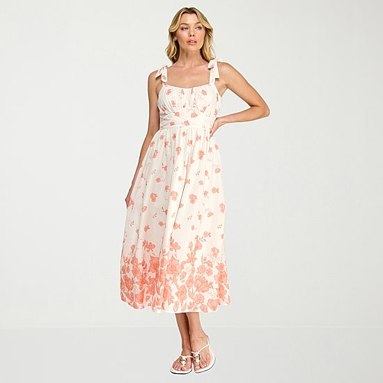 Trixxi Womens Midi Straight Neck Sleeveless Floral A-Line Dress