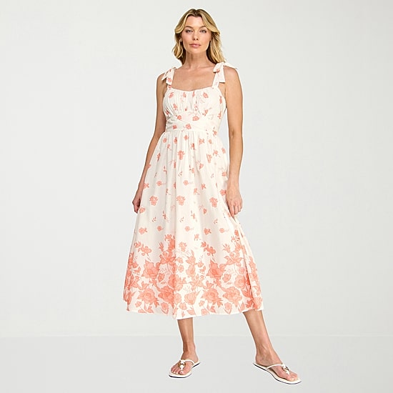 Trixxi Womens Midi Straight Neck Sleeveless Floral A-Line Dress