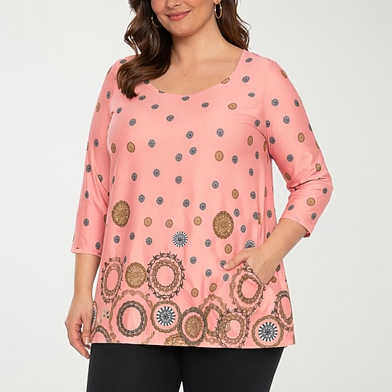 White Mark Plus Printed Womens Scoop Neck 3/4 Sleeve Tunic Top