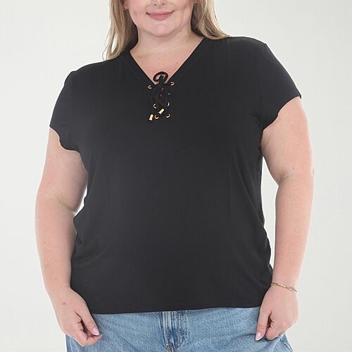 White Mark Plus V-neck Front Tie Womens V Neck Short Sleeve Tunic Top In Black