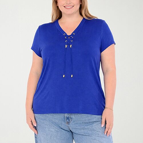 White Mark Plus V-neck Front Tie Womens V Neck Short Sleeve Tunic Top In Blue