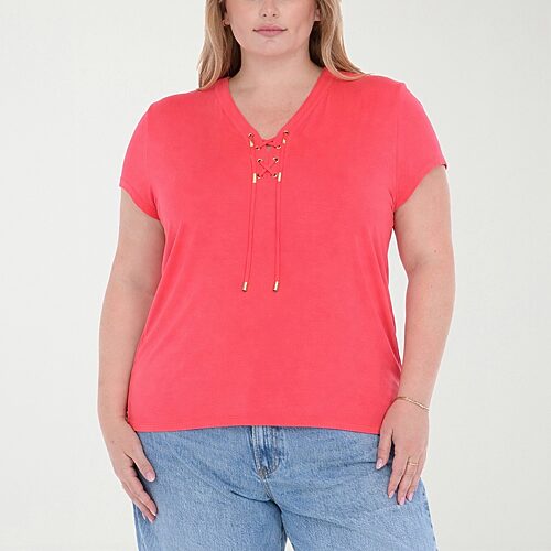 White Mark Plus V-neck Front Tie Womens V Neck Short Sleeve Tunic Top In Pink