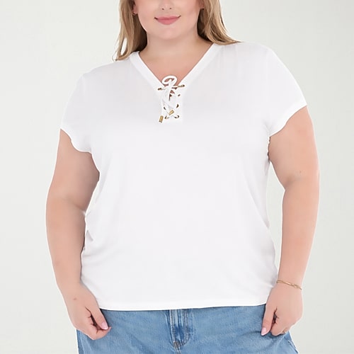 White Mark Plus V-neck Front Tie Womens V Neck Short Sleeve Tunic Top In White
