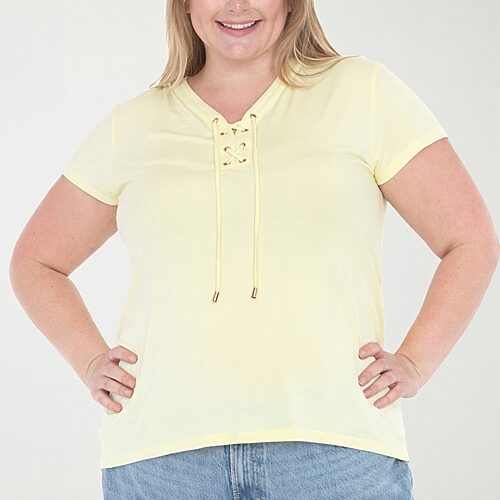 White Mark Plus V-neck Front Tie Womens V Neck Short Sleeve Tunic Top In Yellow