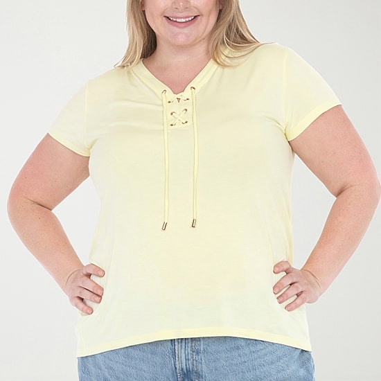 White Mark Plus V-Neck Front Tie Womens V Neck Short Sleeve Tunic Top