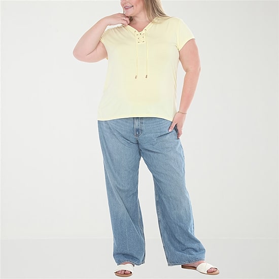 White Mark Plus V-Neck Front Tie Womens V Neck Short Sleeve Tunic Top