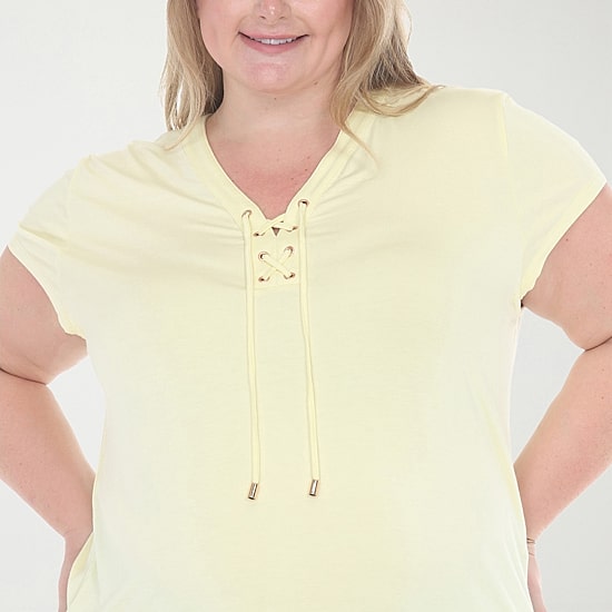 White Mark Plus V-Neck Front Tie Womens V Neck Short Sleeve Tunic Top