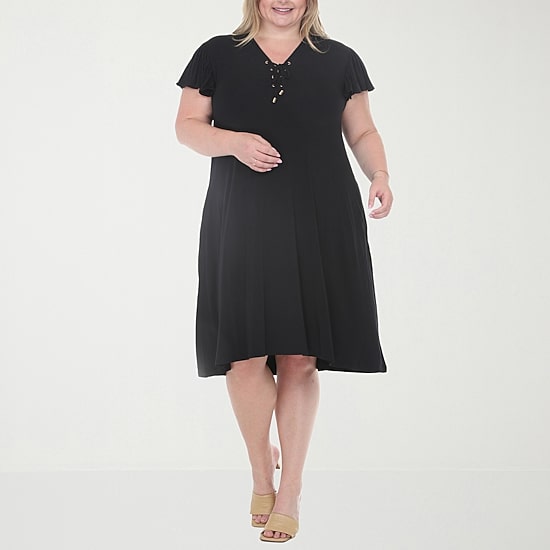 White Mark Button Front Tiered Womens Plus Short Sleeve Swing Dresses