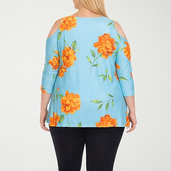 White Mark Plus Floral Cold Shoulder Womens Scoop Neck 3/4 Sleeve Tunic Top