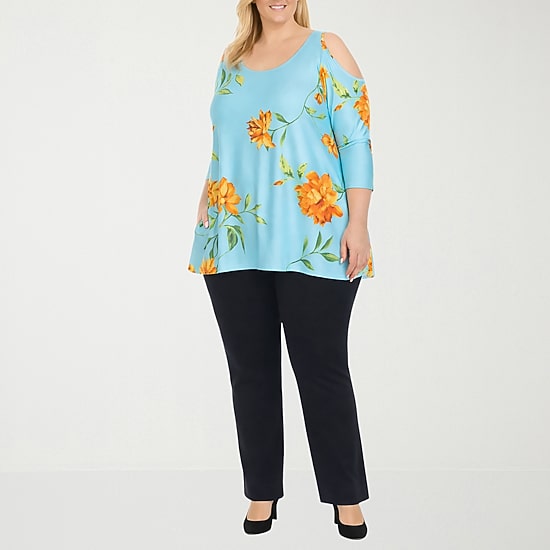 White Mark Plus Floral Cold Shoulder Womens Scoop Neck 3/4 Sleeve Tunic Top