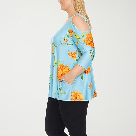 White Mark Plus Floral Cold Shoulder Womens Scoop Neck 3/4 Sleeve Tunic Top