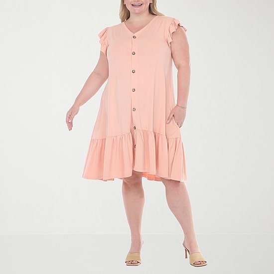 White Mark Button Front Womens Plus Short Sleeve Swing Dresses