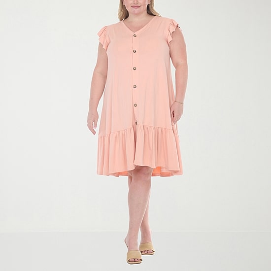 White Mark Button Front Womens Plus Short Sleeve Swing Dresses