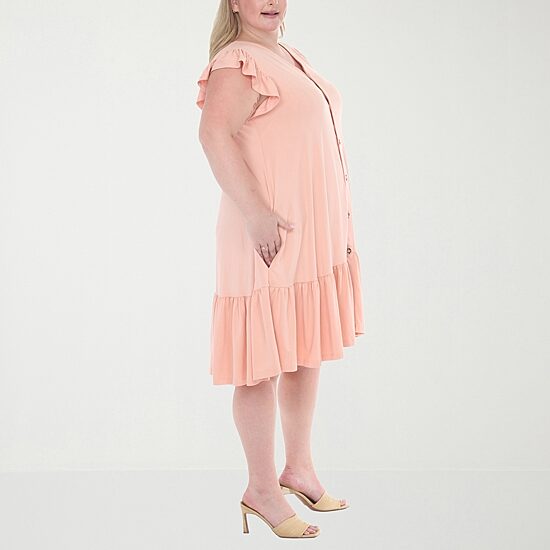 White Mark Button Front Womens Plus Short Sleeve Swing Dresses