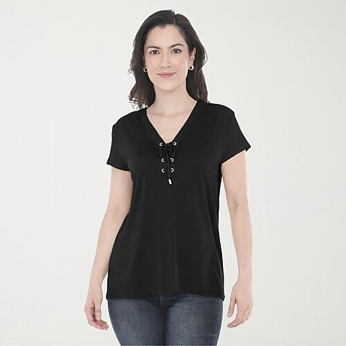White Mark V-neck Front Tie Womens V Neck Short Sleeve Tunic Top In Black