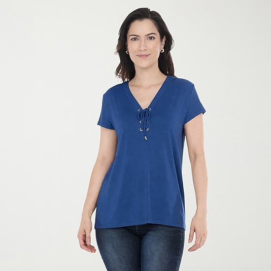 White Mark V-Neck Front Tie Womens V Neck Short Sleeve Tunic Top