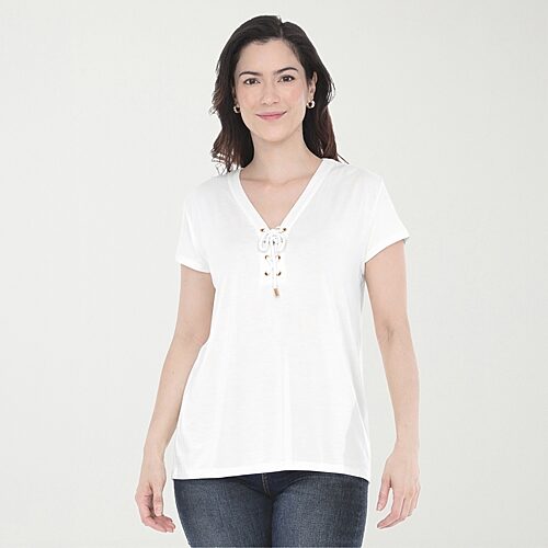 White Mark V-neck Front Tie Womens V Neck Short Sleeve Tunic Top In White