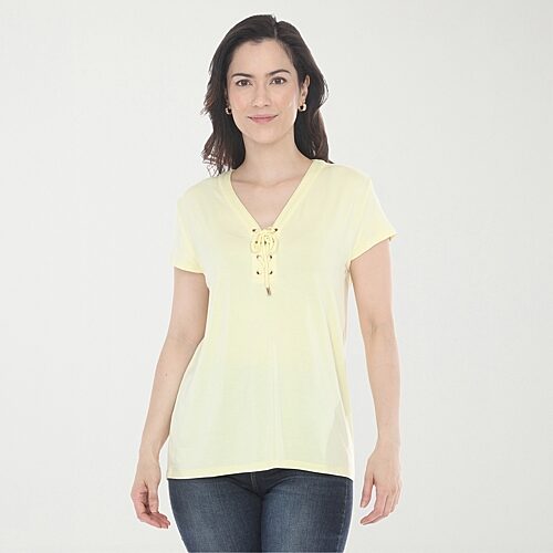 White Mark V-neck Front Tie Womens V Neck Short Sleeve Tunic Top In Yellow