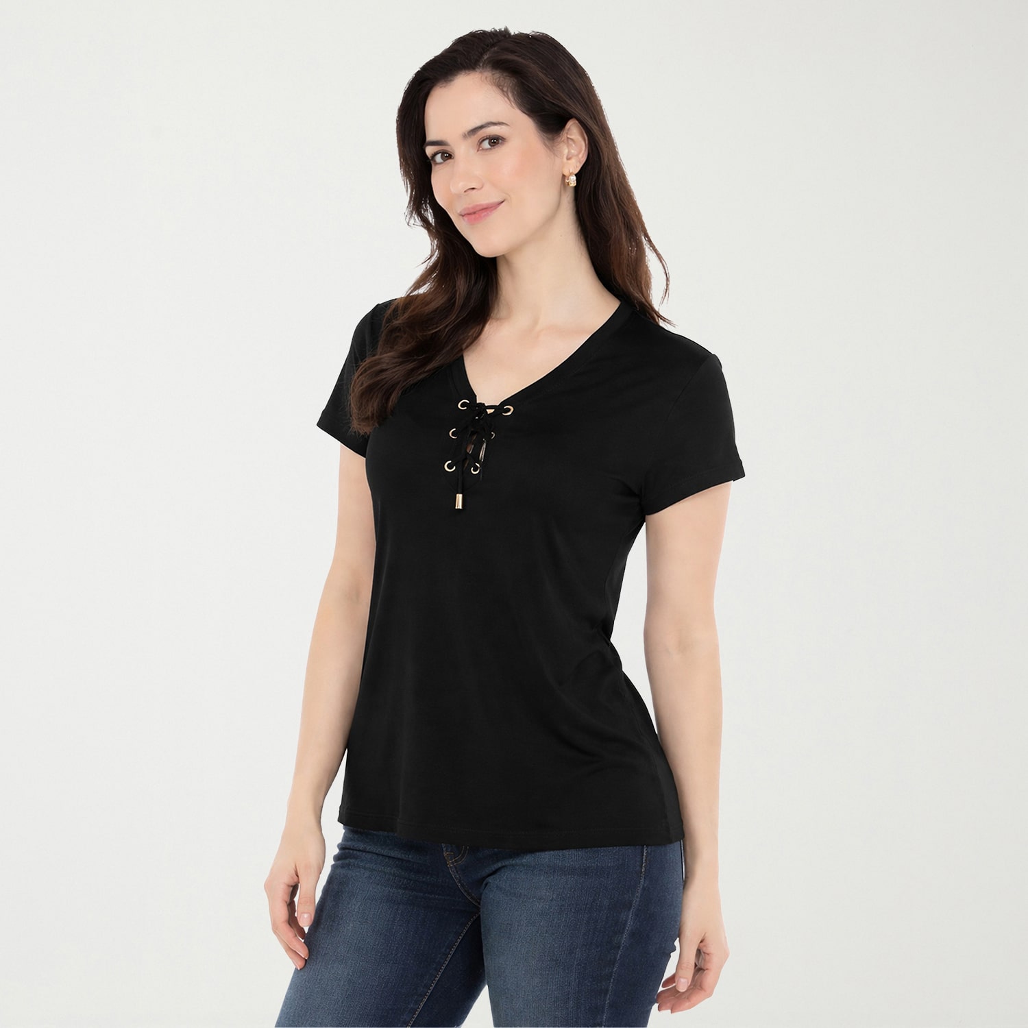 White Mark V-Neck Front Tie Womens V Neck Short Sleeve Tunic Top