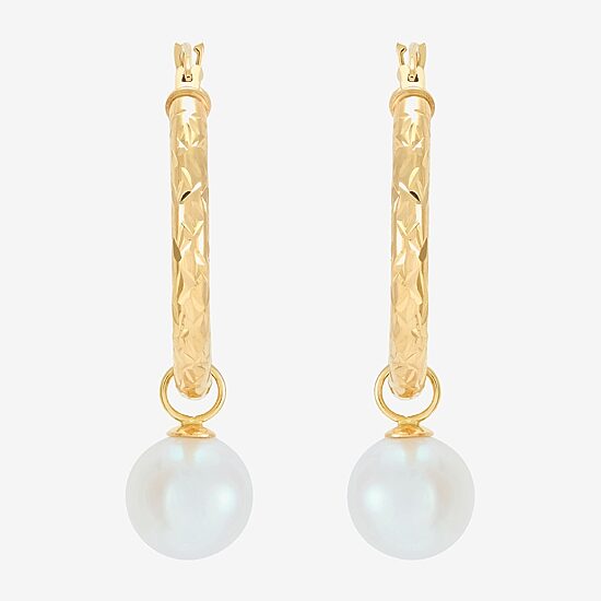 Limited Quantities! Womens White Cultured Freshwater Pearl 10K Gold 32mm Hoop Earrings