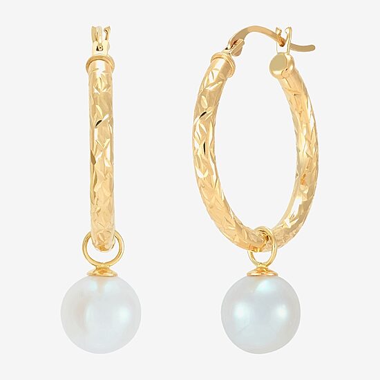 Limited Quantities! Womens White Cultured Freshwater Pearl 10K Gold 32mm Hoop Earrings