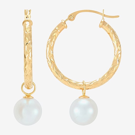 Limited Quantities! Womens White Cultured Freshwater Pearl 10K Gold 32mm Hoop Earrings