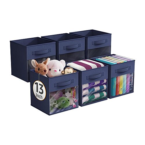 Sorbus 13 Inch 6 Pack Collapsible Fabric Storage Bins with Clear Window - for Organizing Clothes, Toys, Books, Shelves, Closets & more - Navy blue