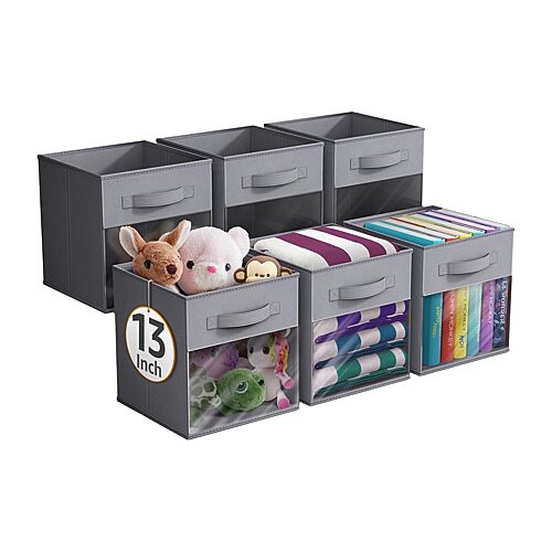 Sorbus 13 Inch 6 Pack Collapsible Fabric Storage Bins with Clear Window - for Organizing Clothes, Toys, Books, Shelves, Closets & more - Gray