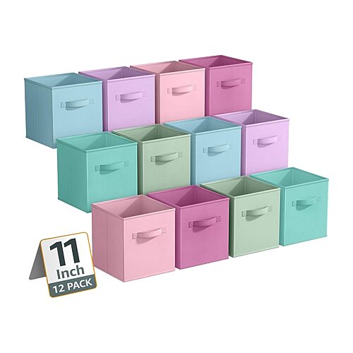 Sorbus 11 Inch 12 Pack Sturdy Collapsible Fabric Storage Cubes with Handle - for Organizing Clothes, Toys, Books, Shelves & more - Multi pastel